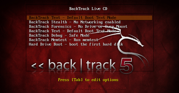 The list of boot options into BackTrack.