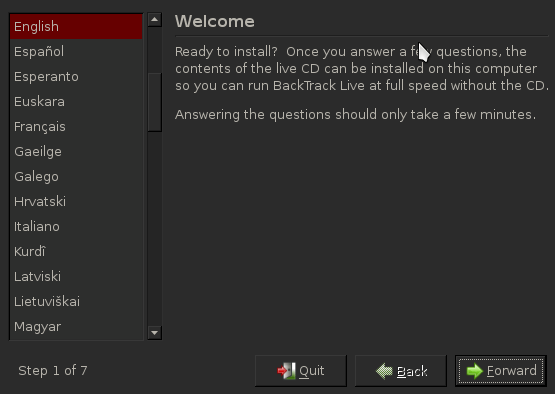 Choose Language during BackTrack installation.