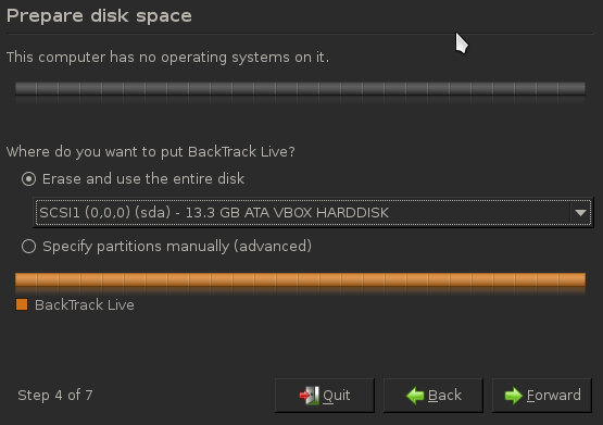 Prepare disk space during BackTrack Install.