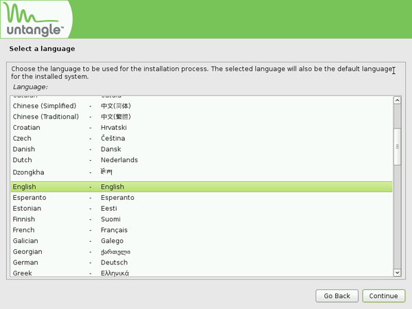 Select language during the Untangle install.