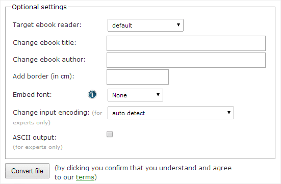 Optional settings for online-convert.com.