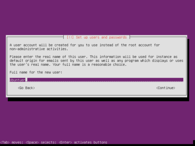 Select a user account name for Ubuntu Server.