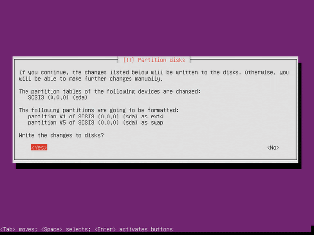 Confirm the changes to install Ubuntu Server.