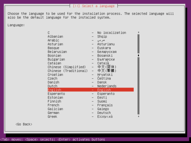 Select a language for Ubuntu Server.