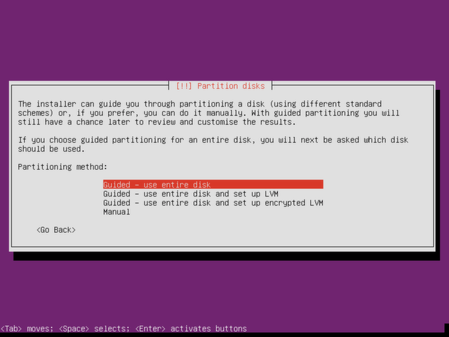 Choose a partitioning method for Ubuntu Server.