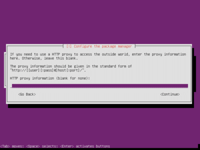 Choose if you want to use a proxy in Ubuntu Server.